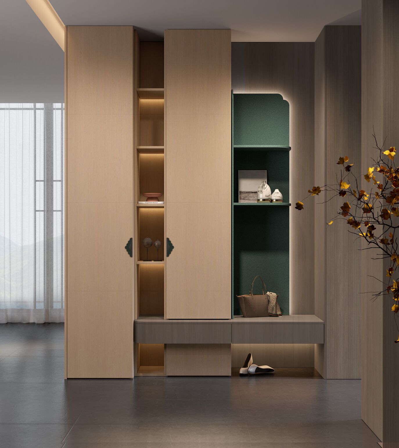 Tủ quần áo cánh gỗ sáng, có hốc trang trí