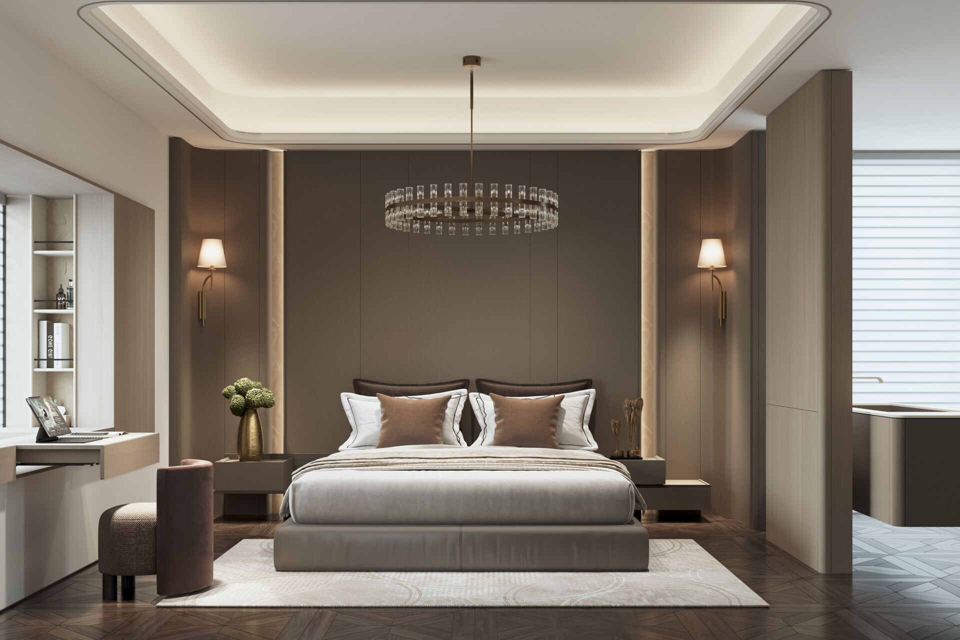 Phòng ngủ ốp tường màu nâu
