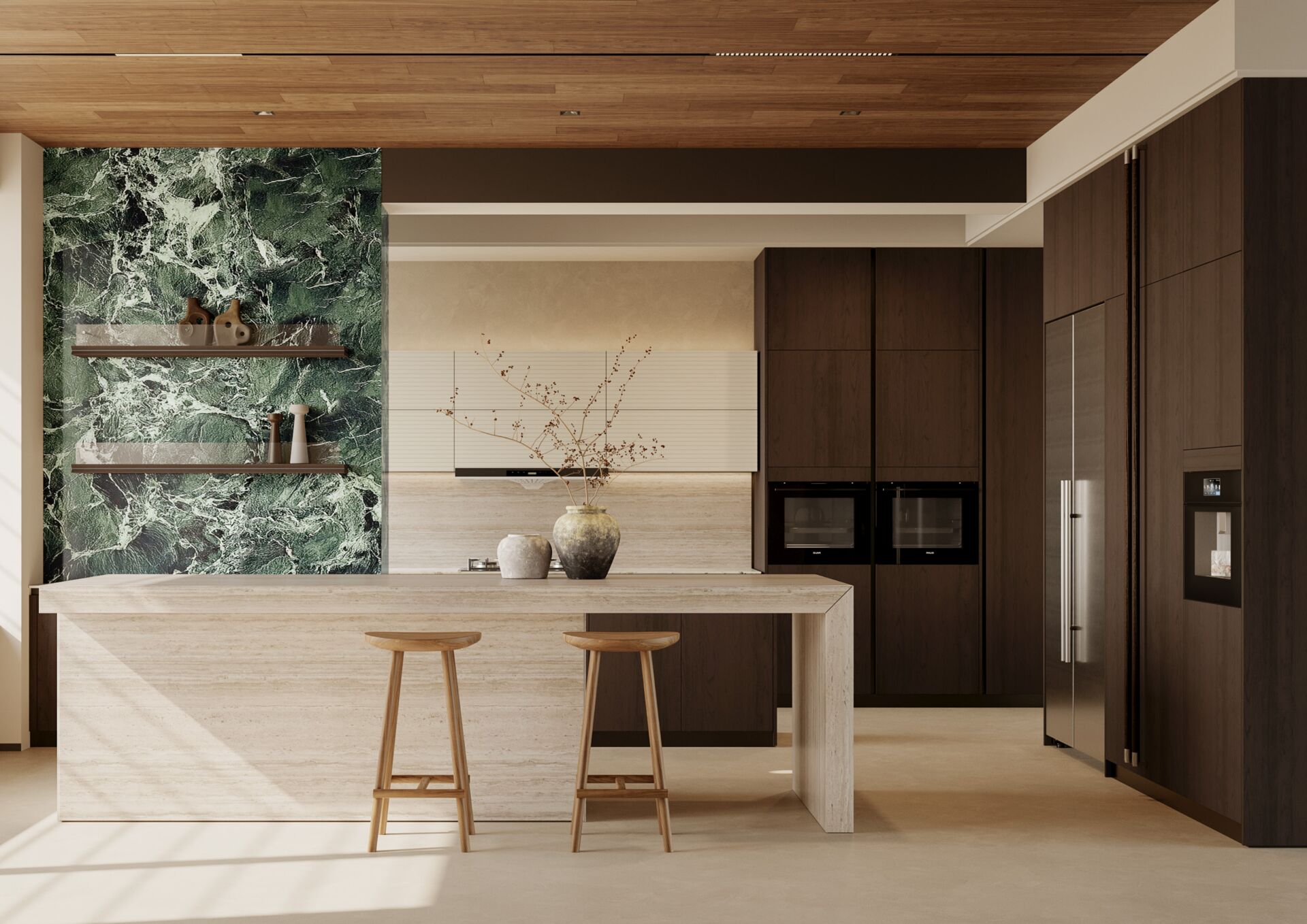 Đảo bếp gỗ sáng, tường ốp đá xanh